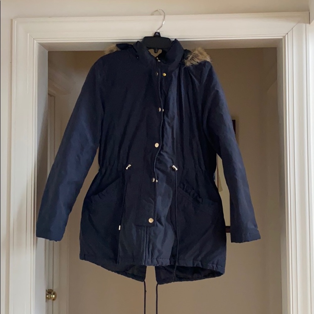 Navy Blue Winter Coat with Fur Outlined Hood